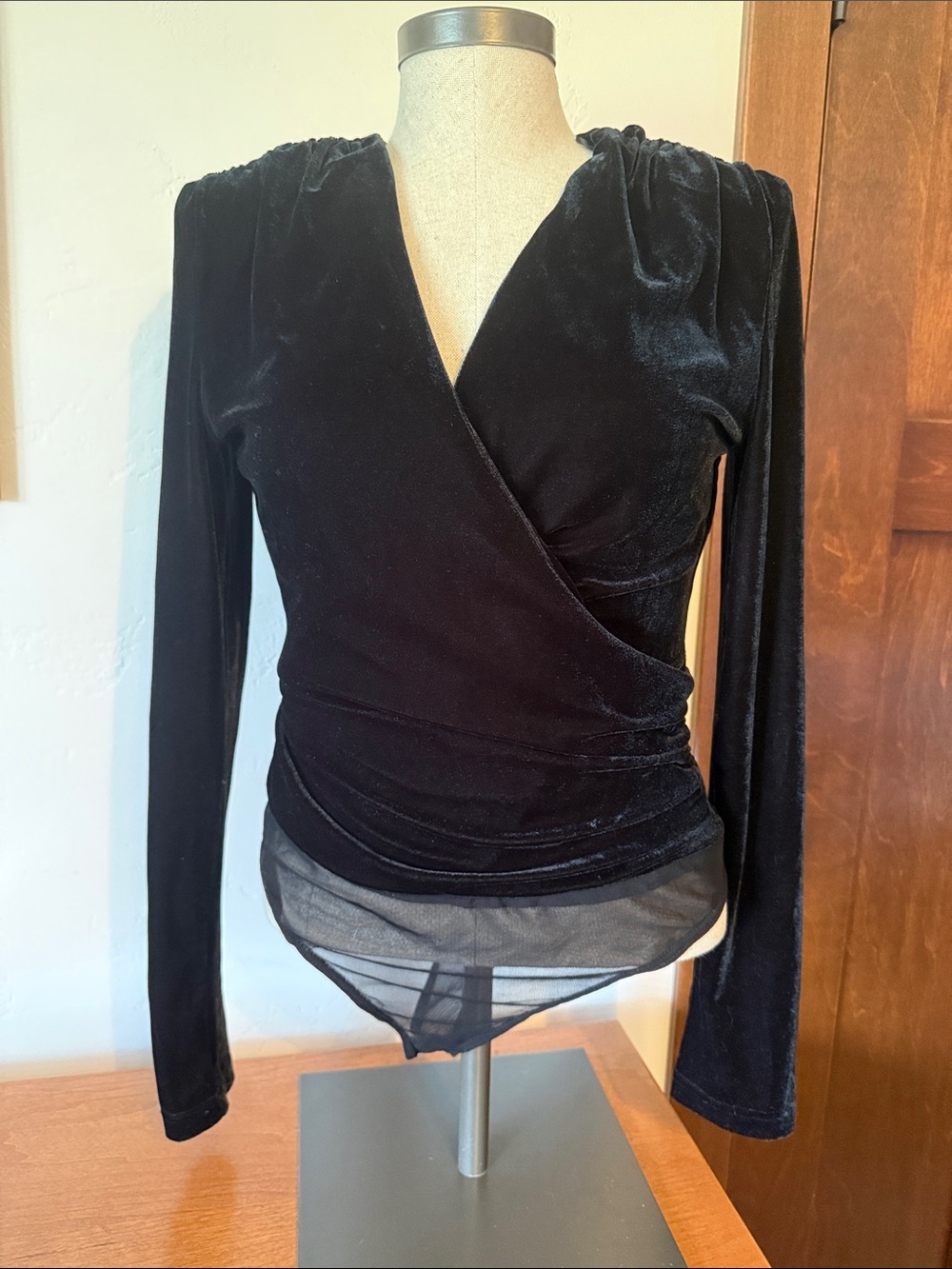 Flying Tomato Black Velvet Wrap Bodysuit with Sheer Hem